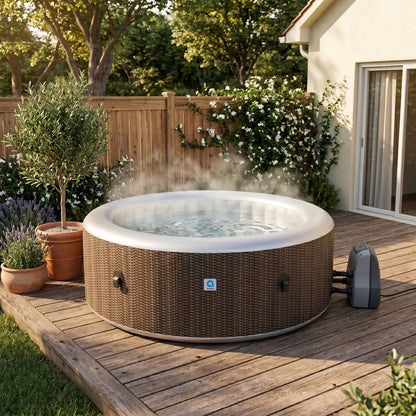 Nice 4-6 Person Inflatable Hot Tub Spa + Cover, Rattan Pattern, Rapid Heating up to 104°F, 140 Water Jets, 264 Gal, Round