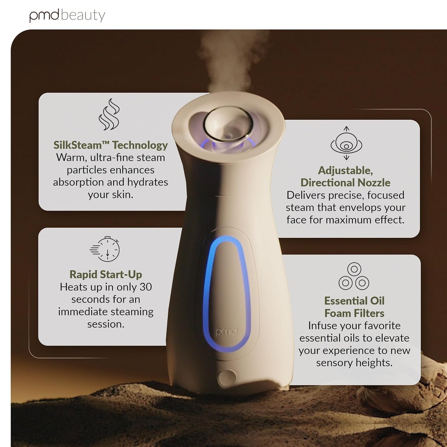 PMD Silksteam Pro - Spa-Grade Facial Steamer with Silksteam Technology - Rapid Start-Up - Adjustable, Directional Nozzle - Essential Oil Filters - Dewy, Hydrated Glow