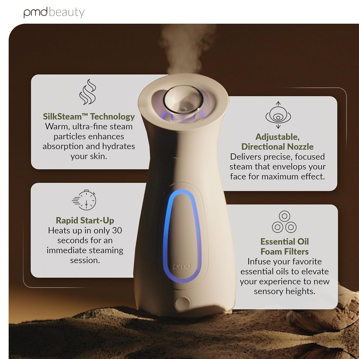 PMD Silksteam Pro - Spa-Grade Facial Steamer with Silksteam Technology - Rapid Start-Up - Adjustable, Directional Nozzle - Essential Oil Filters - Dewy, Hydrated Glow