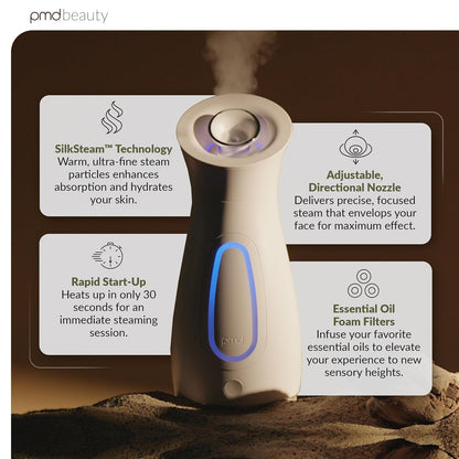 PMD Silksteam Pro - Spa-Grade Facial Steamer with Silksteam Technology - Rapid Start-Up - Adjustable, Directional Nozzle - Essential Oil Filters - Dewy, Hydrated Glow