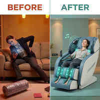 Blue Faux Leather Zero Gravity Recliner 3D Programmable Massage Chair — Before & After