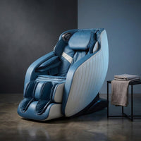 Blue Faux Leather Zero Gravity Recliner 3D Programmable Massage Chair — Studio Shot
