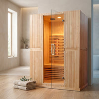 Infrared Home Sauna Room for 2 Persons Sauna Spa Room Hemlock Wood Infrared Sauna Cabin Dry Sauna with Full Spectrum Radiator, LED Light, Bluetooth, MP3, USB (2 Person Sauna Room) — Studio Shot