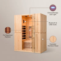 Infrared Home Sauna Room for 2 Persons Sauna Spa Room Hemlock Wood Infrared Sauna Cabin Dry Sauna with Full Spectrum Radiator, LED Light, Bluetooth, MP3, USB (2 Person Sauna Room) — infographic